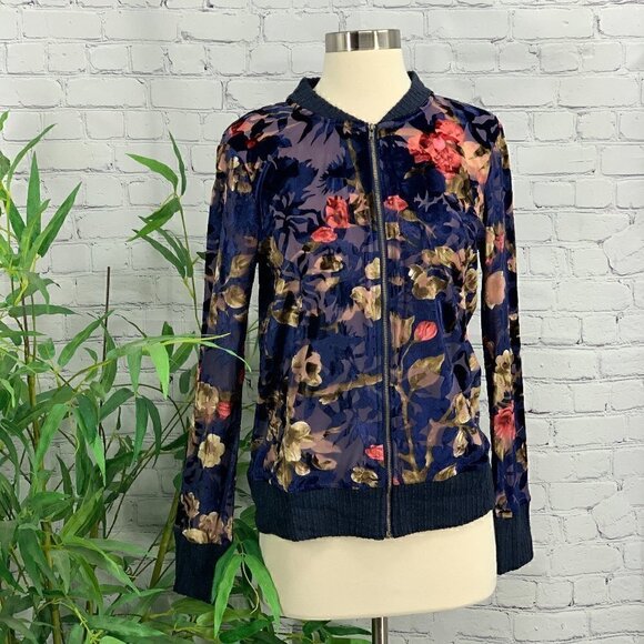 Mystree Jackets & Blazers - Mystree Navy Blue w/ Floral Velvet Bomber Jacket